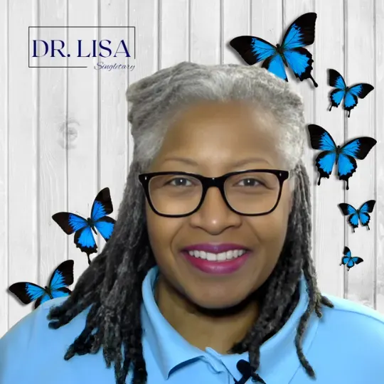Professional portrait of Dr. Lisa Singletary, MD, MPH, CWHC, smiling in a light blue collared shirt and black-framed glasses. She is positioned in front of a white wood-paneled background decorated with vibrant blue butterflies. The image includes the “Dr. Lisa Singletary” logo and conveys themes of transformation, wellness, vitality, and personal growth. Ideal for health education, wellness coaching, webinar promotions, social media branding, and professional profiles.