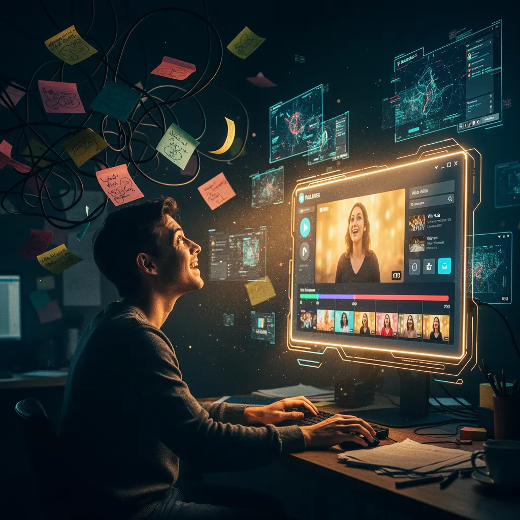 Stressed video creator surrounded by cluttered ideas gains clarity through AI assistant interface that instantly generates a finished video with simple workflow and automation
