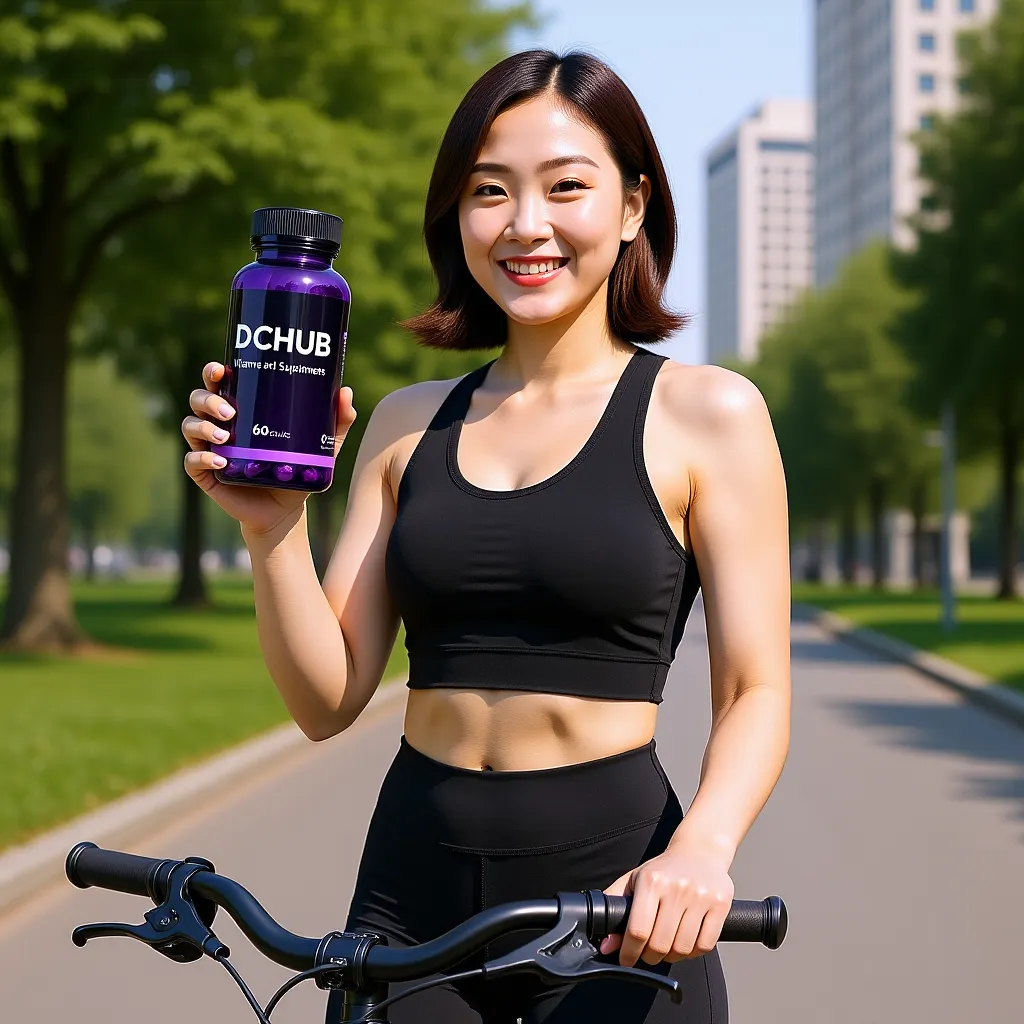 Young Asian woman on a bike holding a vitamin bottle