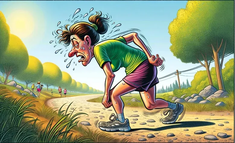 Cartoon of a woman very sweaty and very exhausted bent over.