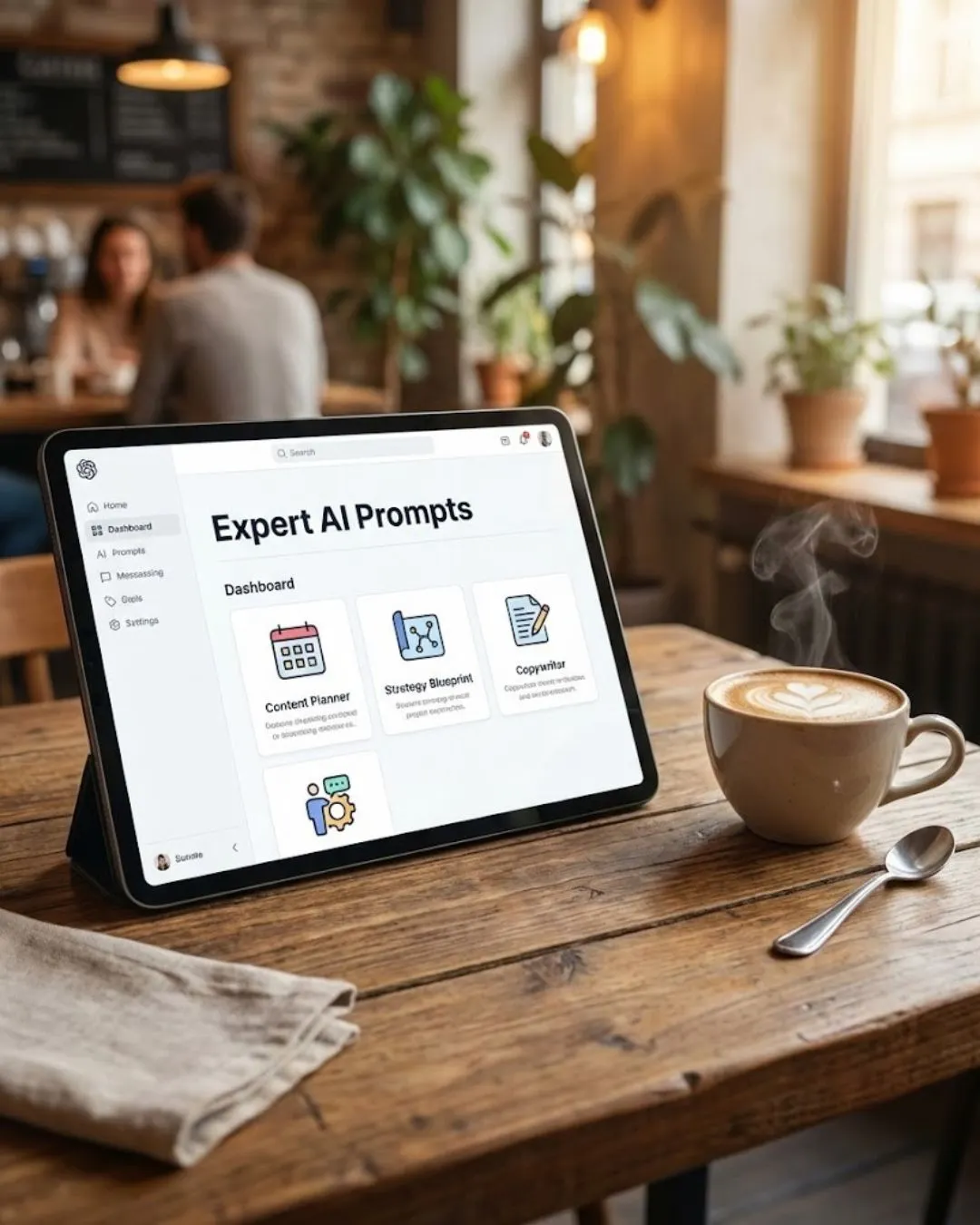 Laptop displaying Expert AI Prompts dashboard on a coffee shop table.