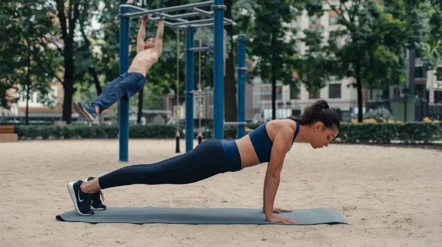 an image of a woman performing a plank exercise on a yoga mat. She is positioned in a straight line from head to heels, balancing on her forearms and toes, with her body lifted parallel to the ground. She is wearing a dark blue sports bra and black leggings, with sneakers on her feet. She is in a park.