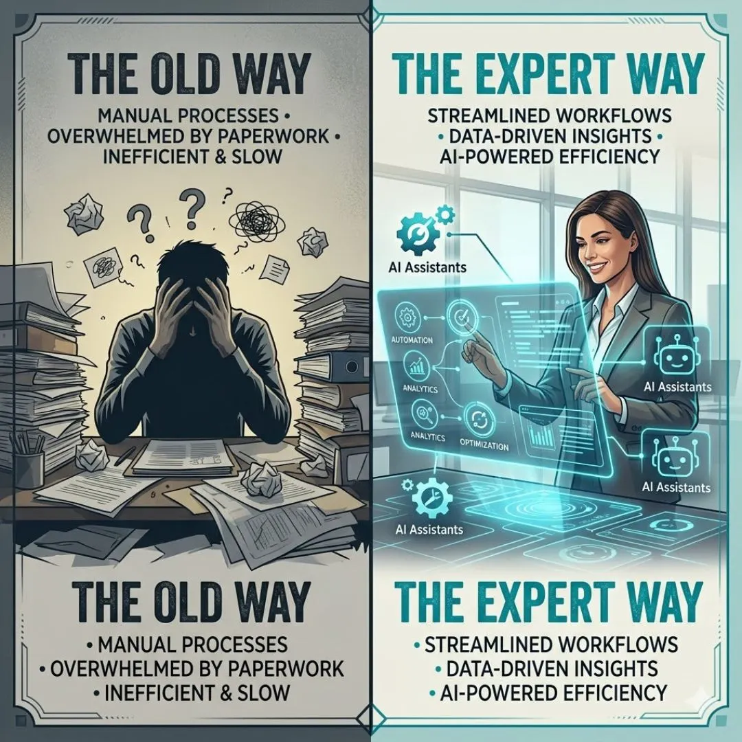 Comparison of an overworked business owner versus a streamlined, AI-enabled strategist.