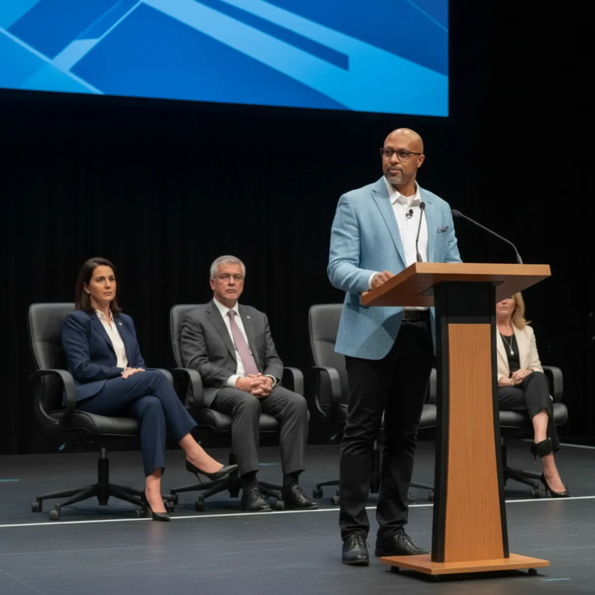 Corey at podium at conference