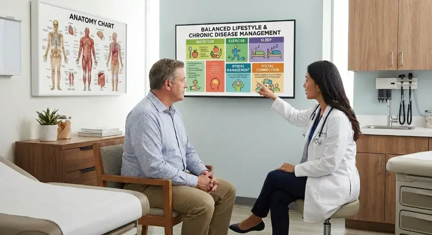 Patient and healthcare professional consultation. They are looking at a large screen with topics about a blanced lifestyle for chronic disease management.