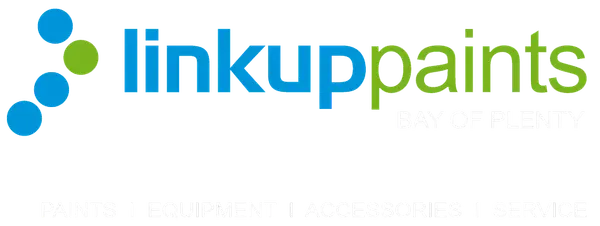 Logo for Linkup Paints Bay of Plenty, featuring the text 'linkup' in blue and 'paints' in green. To the left, there are three blue circles and one green circle, forming a connected design element. The text 'Bay of Plenty' is subtly displayed in white below the main logo. The tagline 'Paints | Equipment | Accessories | Service' appears faintly at the bottom of the image, emphasizing the company's offerings