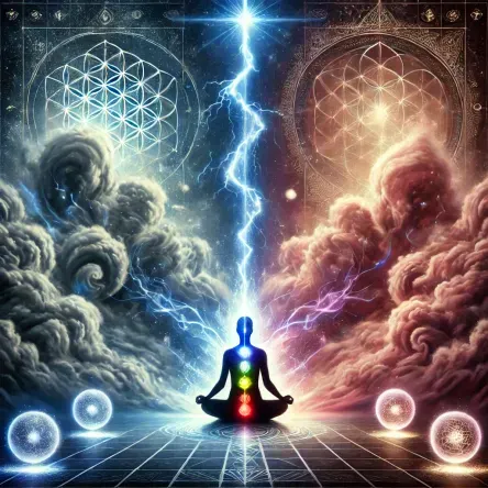 An abstract figure mediating between chaos and clarity, representing the breakthrough tension in the Gene Keys Venus and Pearl Sequences