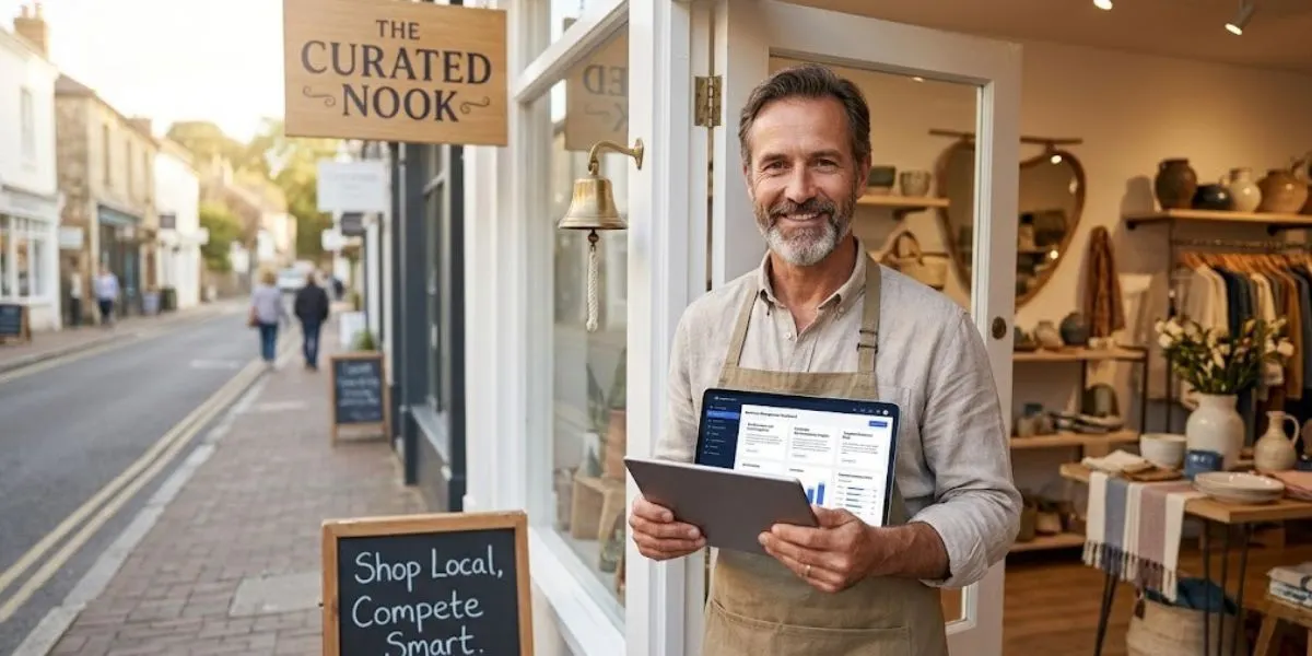 A small business owner using artificial intelligence in retail on a tablet to manage their shop's local marketing and compete with larger stores.