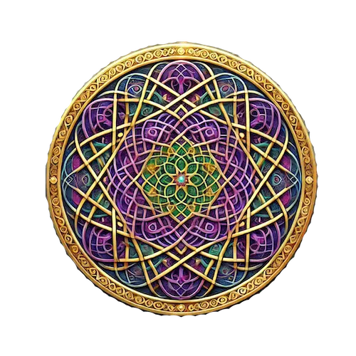 A sacred geometry mandala in purples, greens, blues, and golds with a metallic 3D effect, enclosed in a golden circular frame on a transparent background.