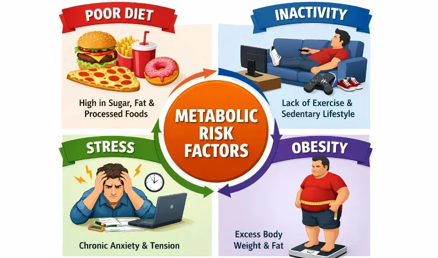 Educational graphic showing common metabolic risk factors such as poor diet, inactivity, stress, and obesity.