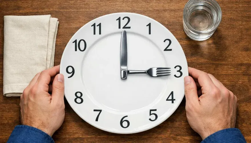 Above point of view looking down on a plate that looks like a clock. You see a mans hands on either side of the plate. The hands of the clock are a fork and knife, and the clock reads a time of 3:00. It is supposed to represent time-restricted eating.