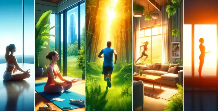 A collage showing a variety of stress relief activities, including someone practicing yoga, another person running in a park, and a third person meditating at home.