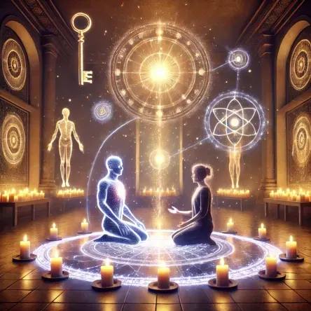 A sacred symbolic image of a Manifestor and Projector engaging in mutual attunement, representing their unique love languages and spiritual connection.