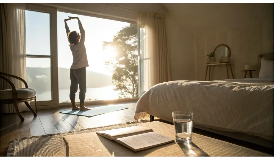 Person starting morning with yoga, water, and journaling in natural light.