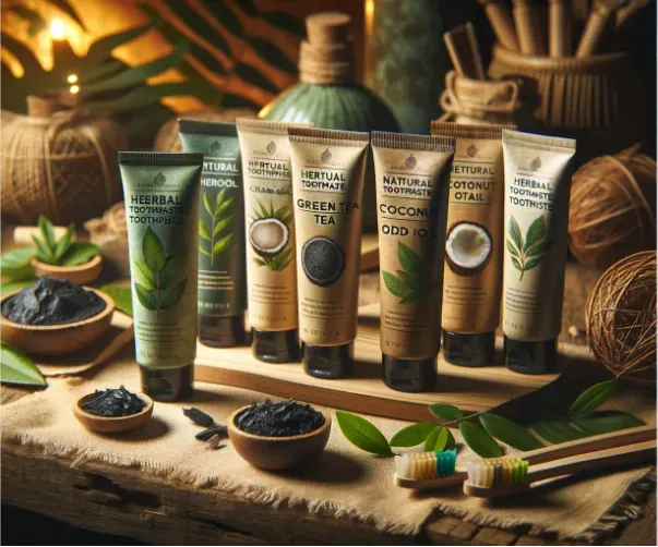  a collection of herbal and natural toothpaste tubes featuring ingredients like charcoal, green tea, and coconut oil.