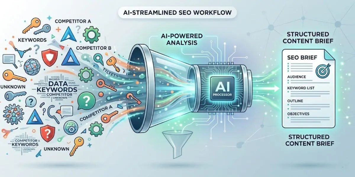 A graphic showing a streamlined SEO workflow with AI, turning chaotic research into a clear content brief.