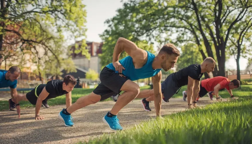 Men participating in a HIIT workout, highlighting the connection between exercise and improved ejaculatory control.