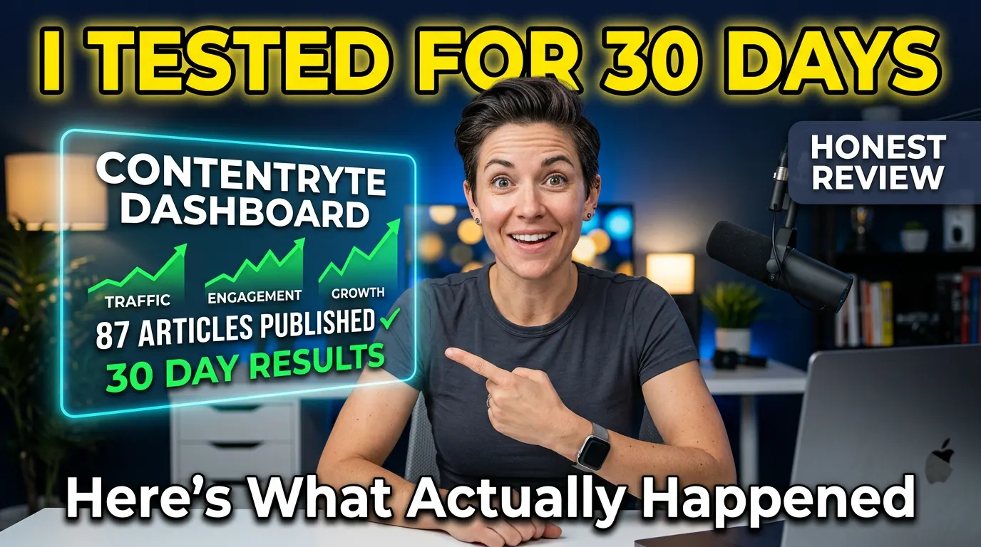 contentryte-ai-blogging-overwhelm-to-automation-dashboard-A female tech reviewer with short dark hair-sitting at a clean modern desk with MacBook visible