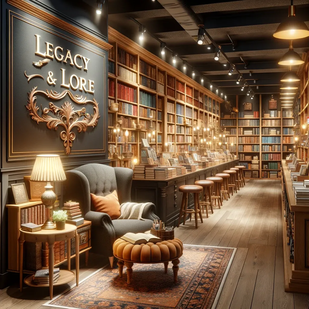 A cozy, inviting interior of a quaint bookstore, bathed in warm, golden light that spills from vintage lamps. 