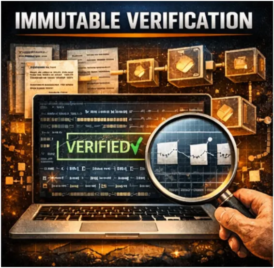 Illustration of Bitcoin’s immutable verification: a node operator reviewing blockchain data on a laptop, a magnifying glass highlighting a verified block, and interconnected nodes — representing transparent, permissionless, independently verifiable monetary truth.