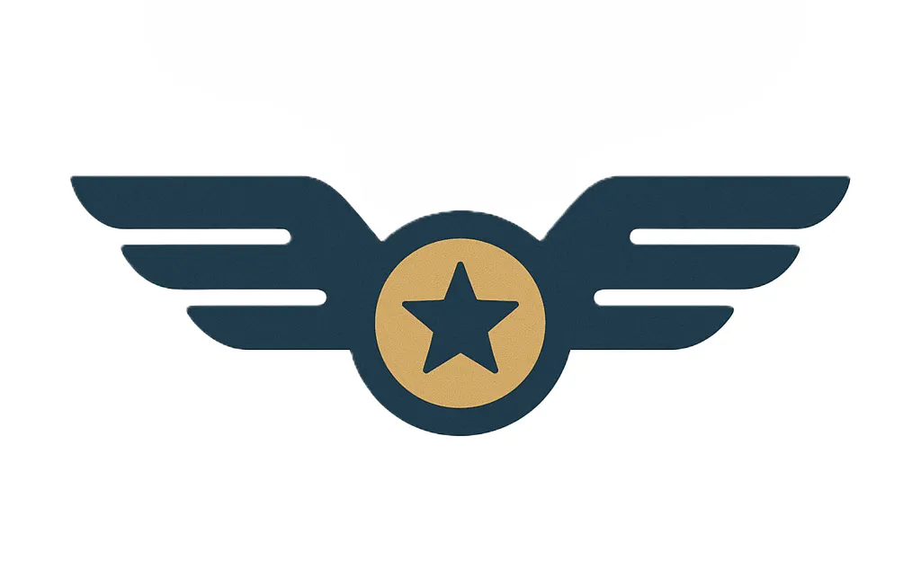 Flat vector icon of airplane wings with a gold star center, conveying certified aviation knowledge and experience.