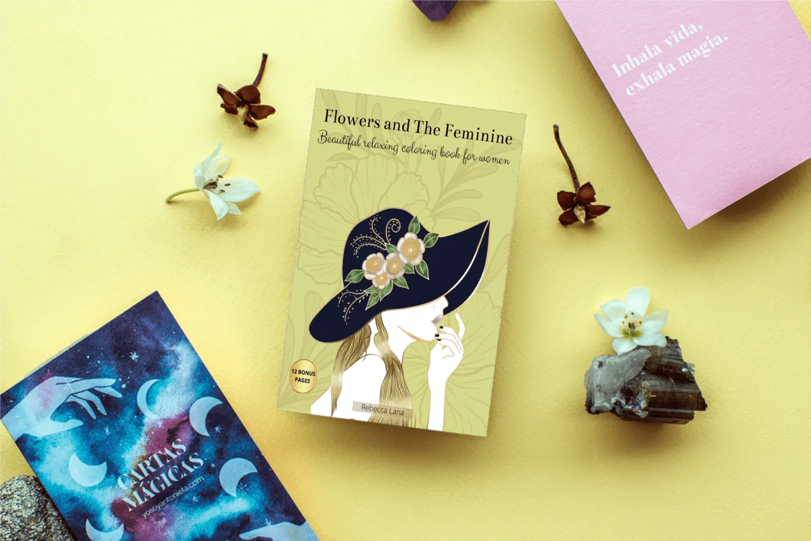 flowers and the feminine coloring book on floral background
