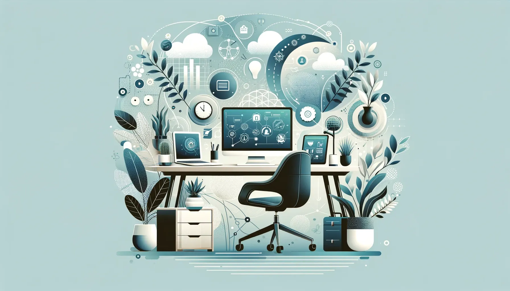 Digital illustration of a modern home office setup with decorative plants and futuristic tech-infused elements symbolizing productivity and connectivity in remote work.