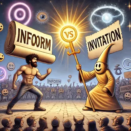 A humorous metaphor of the communication disconnect between a Manifestor and a Projector, playfully illustrated with sacred weapons of misunderstanding.