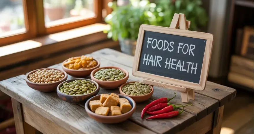 A wooden table with small bowls of soybeans, pumpkin seeds, tempeh, and fresh chili peppers, styled as “foods for hair health.”