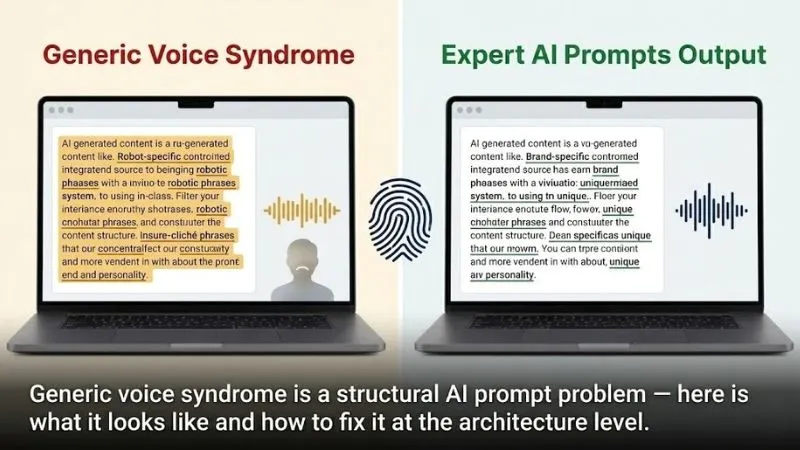 Split-screen showing generic voice syndrome in AI content versus expert ai prompts brand-specific output 