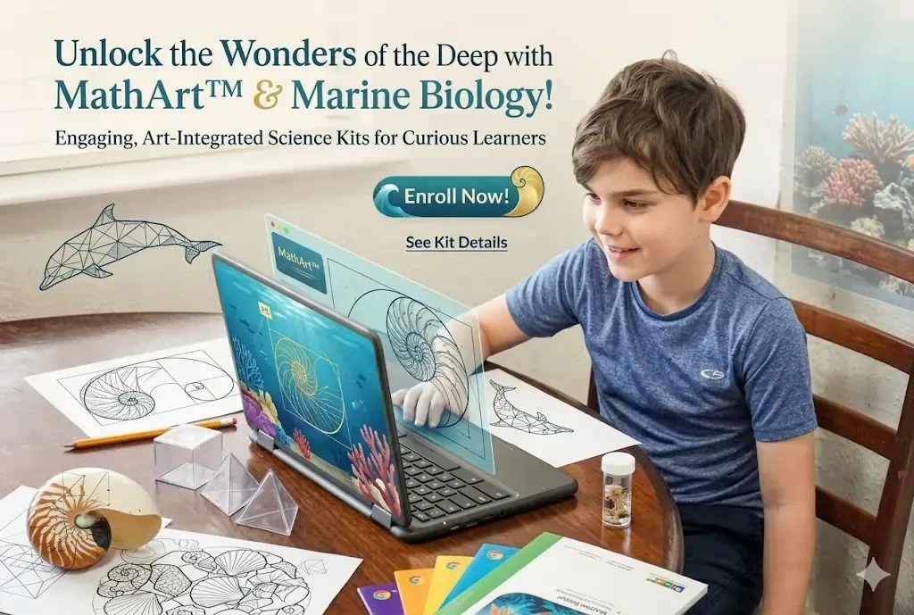 A young student smiling while using a laptop to study the Fibonacci spiral in a nautilus shell and geometric marine life sketches, representing the MathArt and Marine Biology Education Kit.