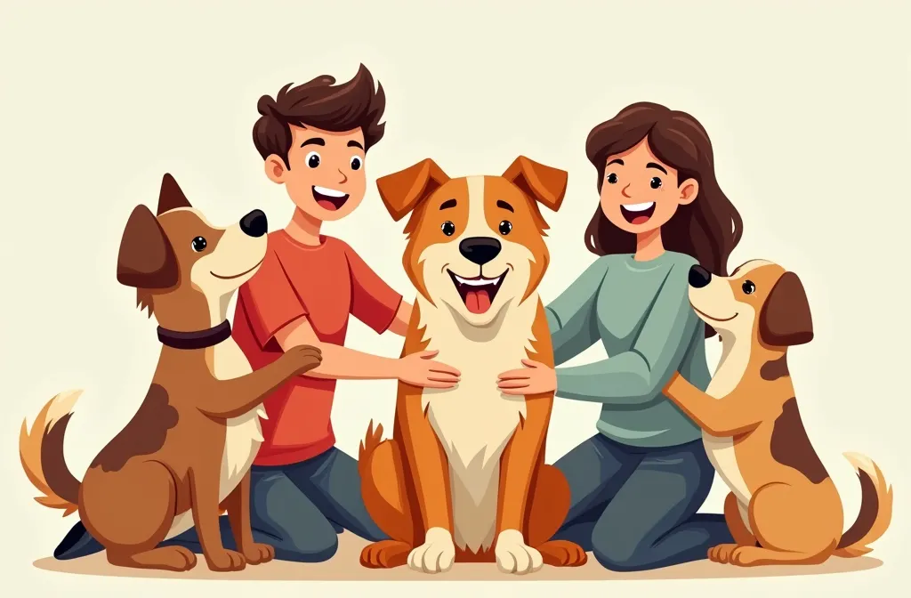 Happy family kneeling and smiling with three joyful dogs, symbolizing successful dog adoption and loving companionship. 🐶👨‍👩‍👧‍👦💖