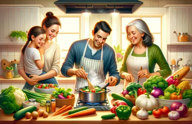 a happy, healthy family cooking together using healthy methods like steaming and boiling, surrounded by an abundance of vegetables and healthy food options.