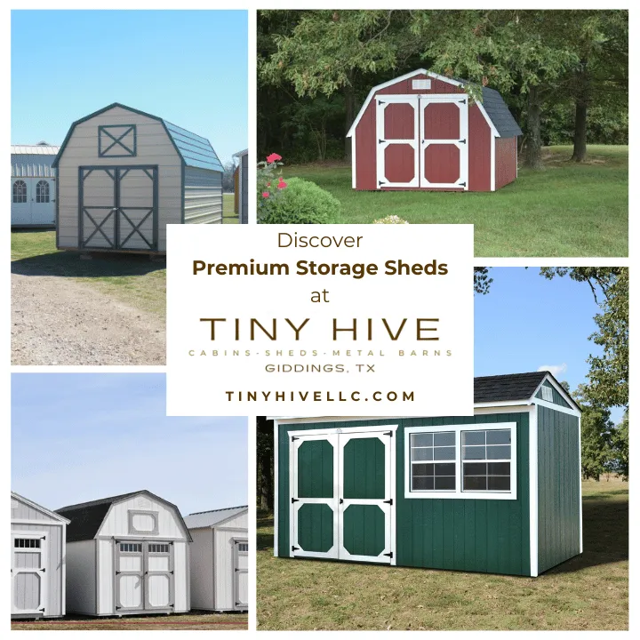 Sheds and cabins for sale in Giddings, Texas.