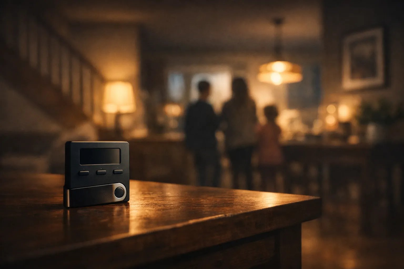 “A hardware wallet in sharp focus on a wooden table inside a median home, with a Black family blurred in the background, symbolizing household‑level financial sovereignty.