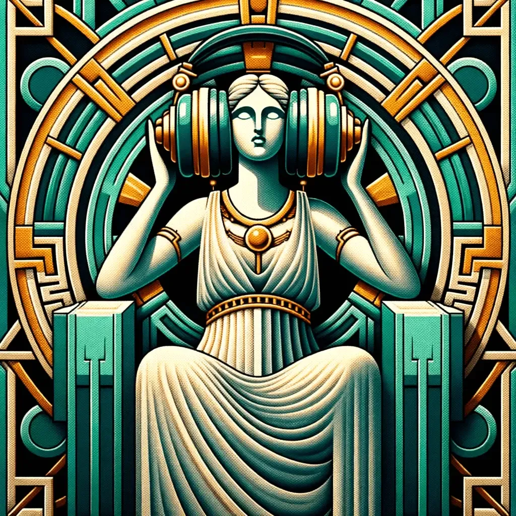 agathos-fides art deco greek goddess on throne w headphones