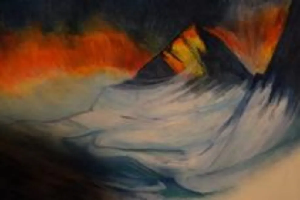alt=Mountain and sky in black orange white blue pastel