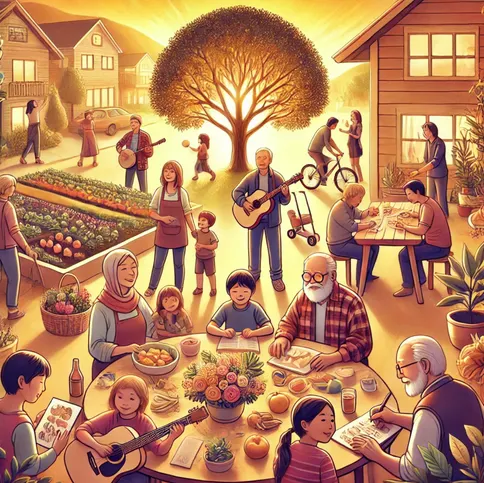 A warm and inviting scene of a diverse, multi-generational community embracing Ikigai through shared meals, music, gardening, and creative activities. This illustration highlights the small joys and meaningful relationships that contribute to a fulfilling and purposeful life, supporting well-being and longevity.