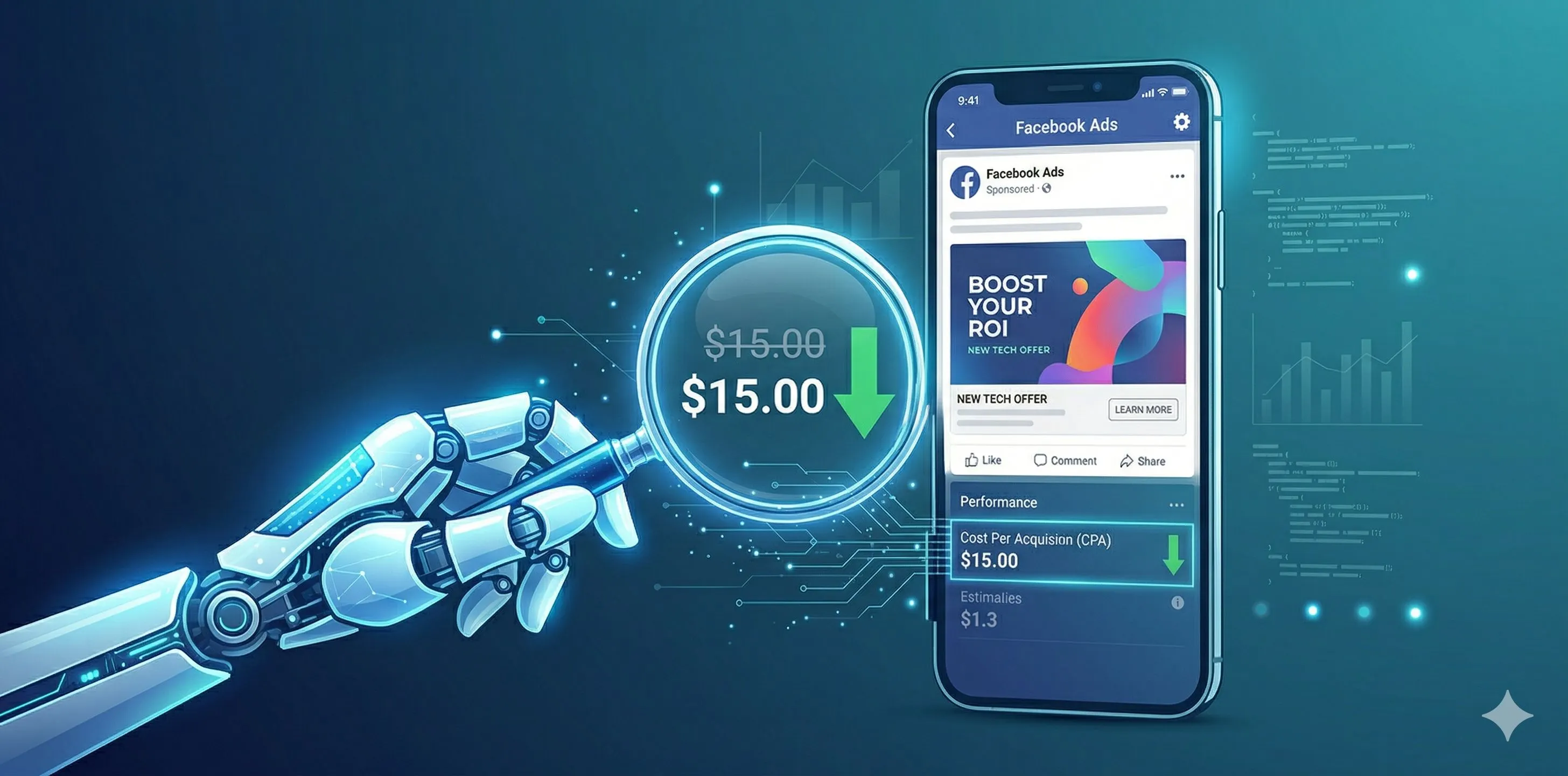 A graphic showing an AI using a magnifying glass for AI Facebook ad optimization to lower the Cost Per Acquisition (CPA).