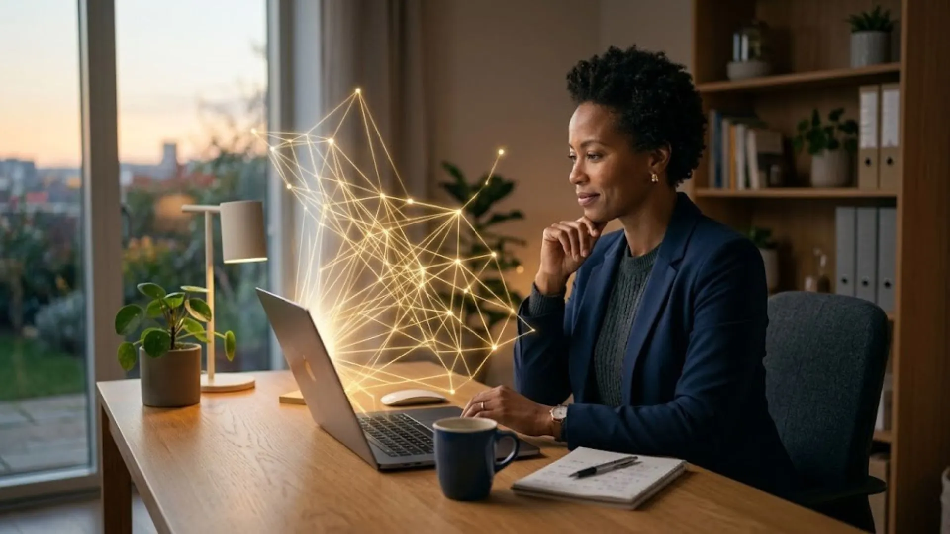 Professional consultant using AI to transition from SEO to AEO on a laptop.