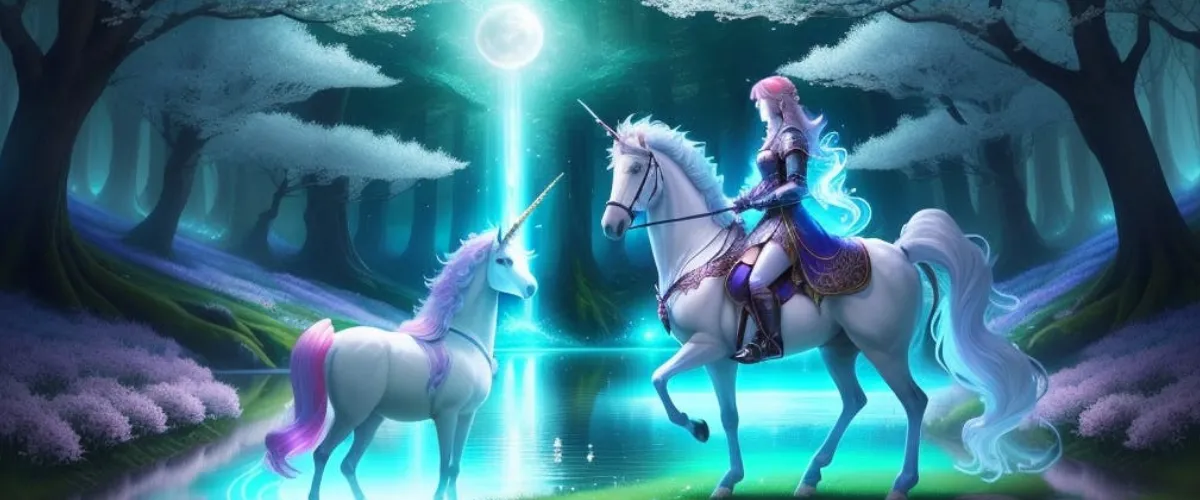 Female warrior sitting on a unicorn