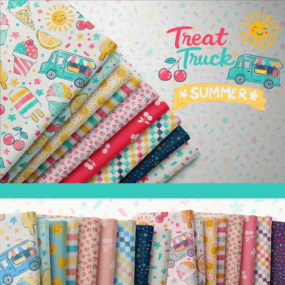 Treat Truck Summer surface pattern collection featuring a whimsical ice cream truck, sweet treats, cherries, citrus, and playful summer motifs by Brayberry Design.