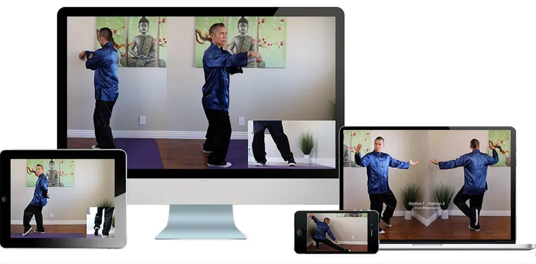 Tai Chi instructor in a blue silk uniform demonstrating Tai Chi 24 Yang-Style movements on a multi-device screen, showing various angles and step-by-step footwork for online learning.