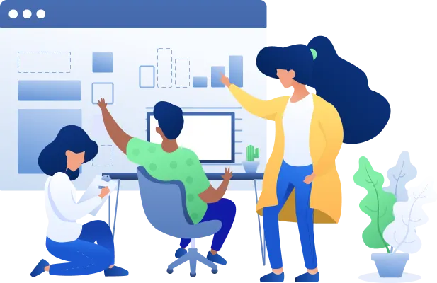 Illustration of three people working design of an application