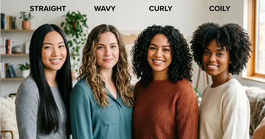 Comparison visual of different hair types including straight, wavy, and curly hair textures.