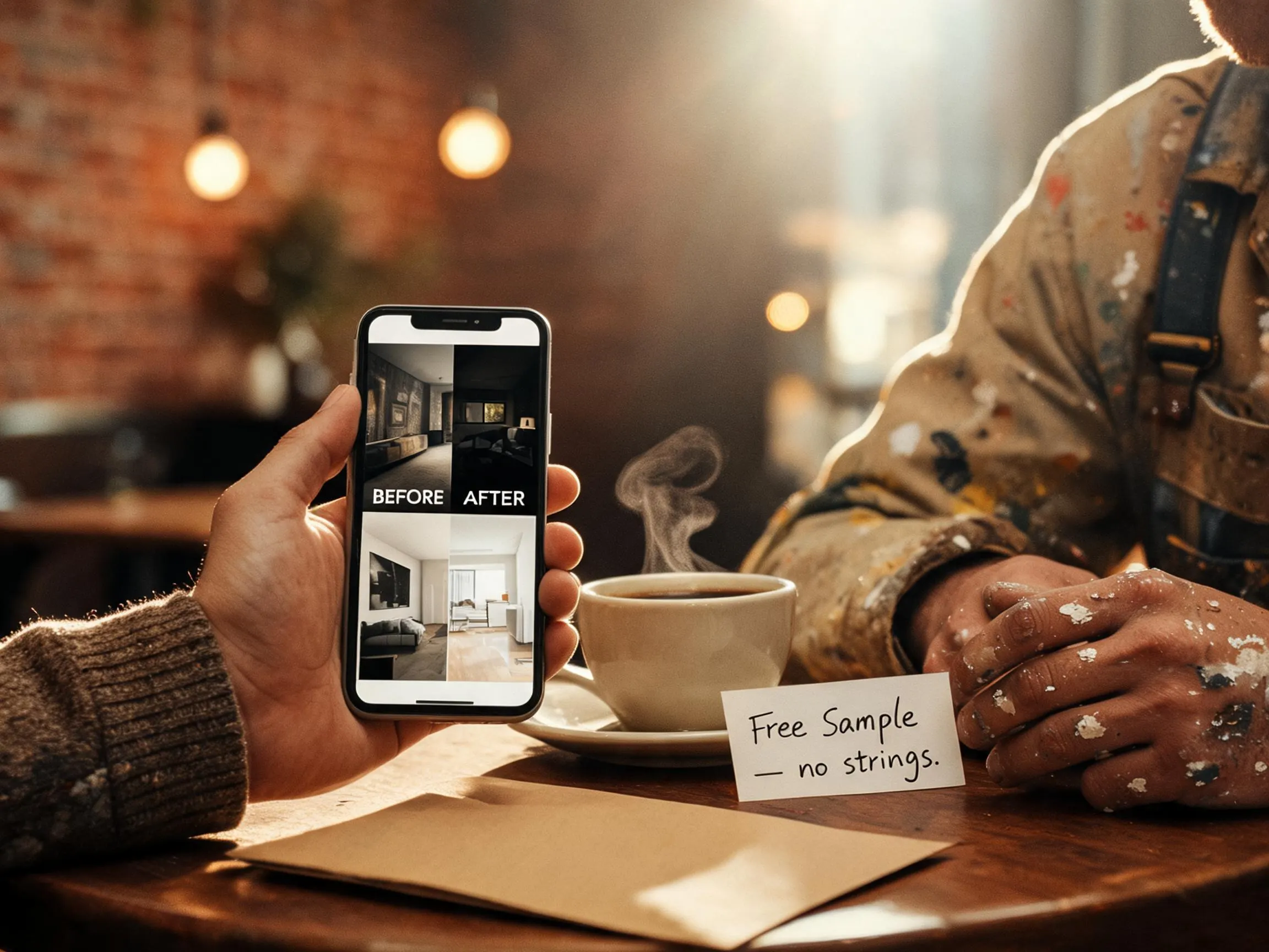 Person sharing free AI property preview demo image with local contractor using Dave Espino TRANSFORMER Gift Method client acquisition strategy