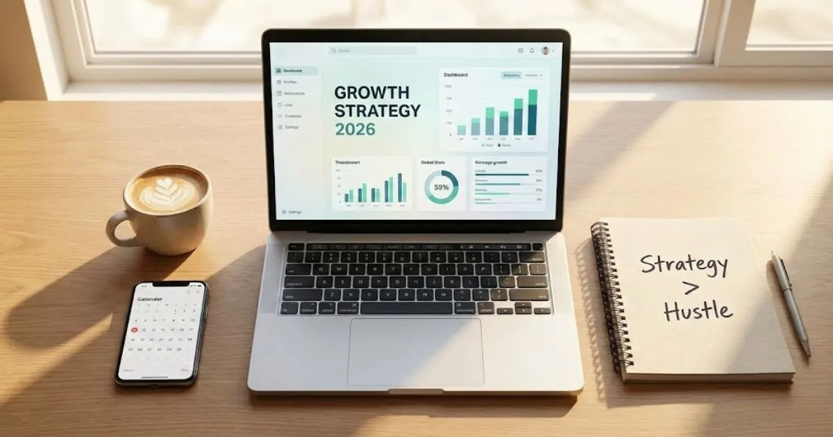 Modern desk setup with laptop showing marketing strategy dashboard for 2026.