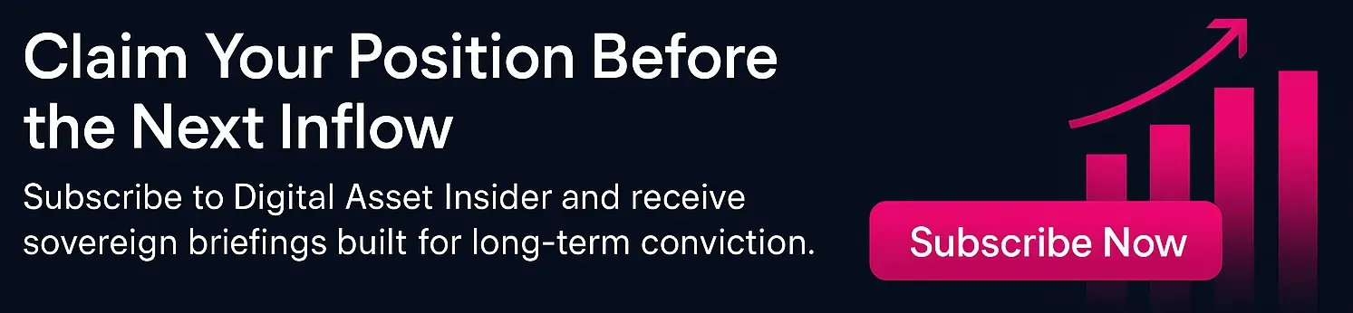 728×90 banner with bold white headline ‘Claim Your Position Before the Next Inflow’ and subtext inviting users to subscribe to Digital Asset Insider. Right side features ascending magenta bars and an upward arrow symbolizing capital inflow. A magenta ‘Subscribe Now’ button anchors the call to action. Design is minimalist, institutional, and Bitcoin-aligned.