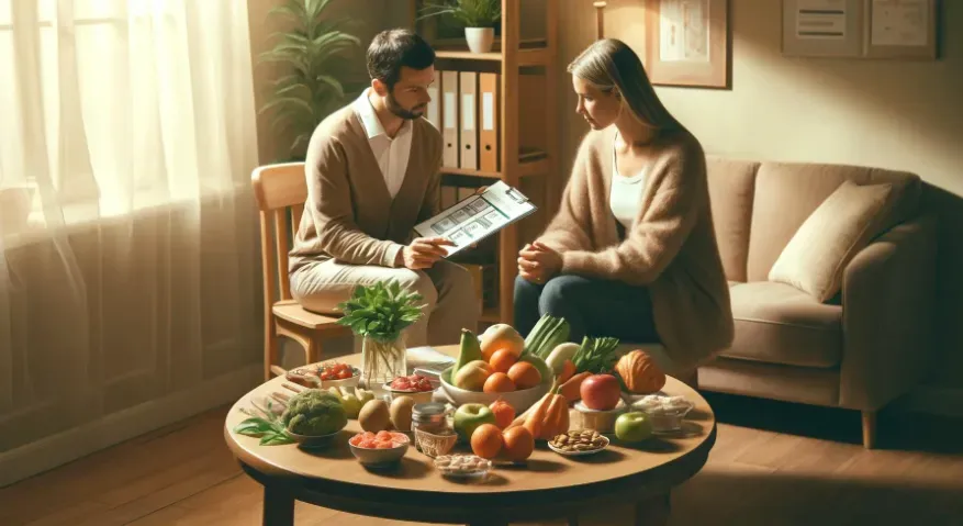 a comforting scene in a health clinic, where a nutritionist is discussing a diet plan with a patient. 