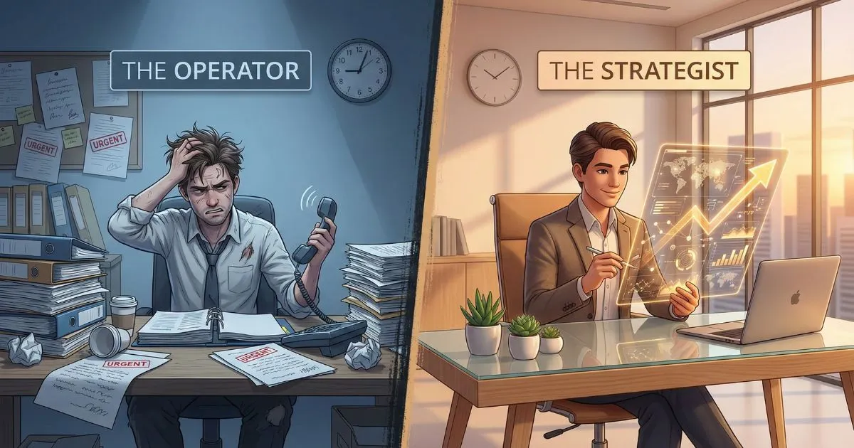 Comparison of a stressed business operator versus a calm strategist using prompt engineering.